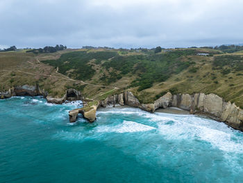 Aerial view of tunnel beach, saint clair, new zealand