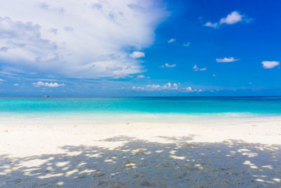 Scenic view of beach against blue sky