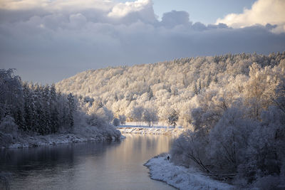 Scenic view of river against sky during winter