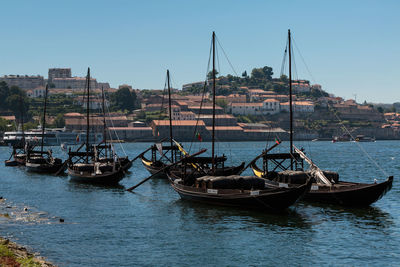 Sailboats moored in sea against clear sky