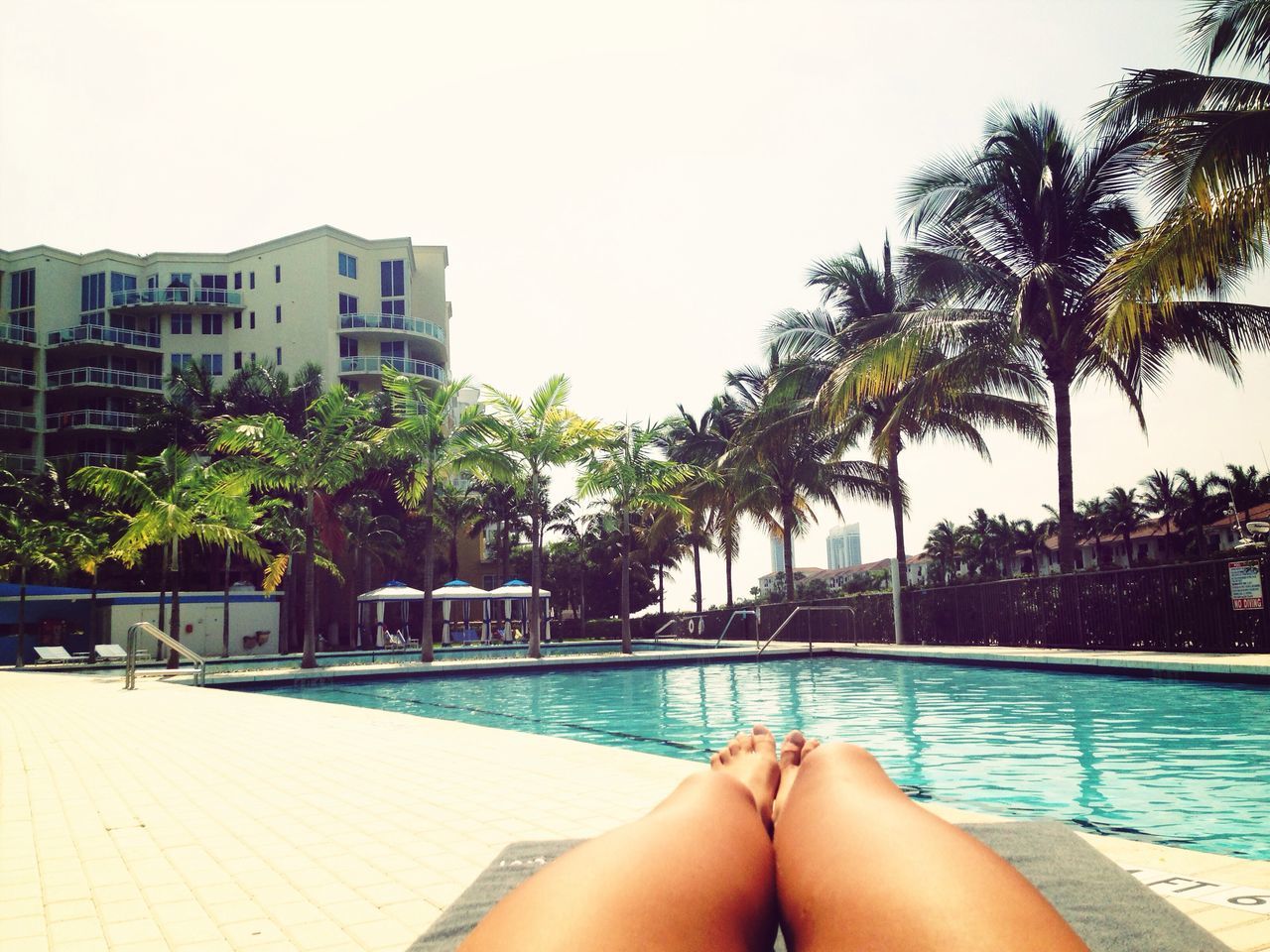 water, tree, swimming pool, building exterior, architecture, built structure, clear sky, leisure activity, relaxation, lifestyles, palm tree, person, sea, personal perspective, sky, low section