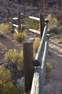 High angle view of wooden post