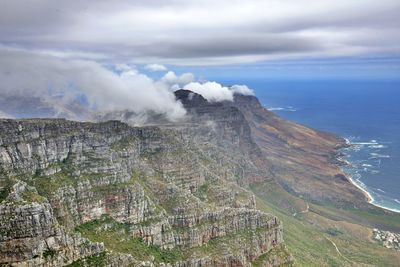 Scenic view of sea and mountains against sky