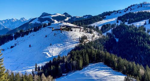 Scenic view of snow covered mountains against sky