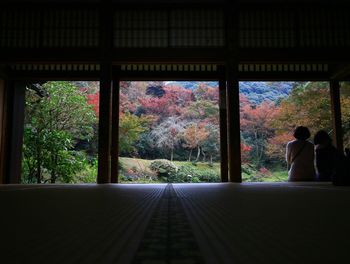 Rear view of women sitting by window