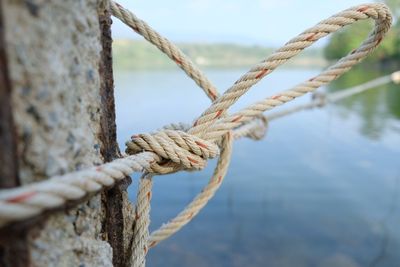 Close-up of rope tied on wood