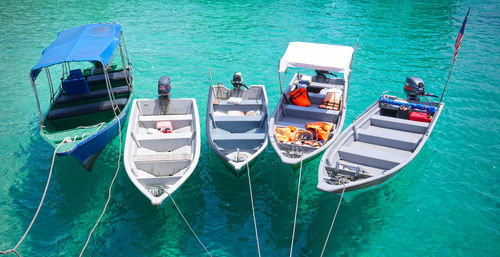 High angle view of boats moored in sea