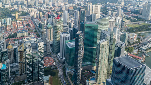 High angle view of modern buildings in city