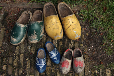 High angle view of shoes on wood