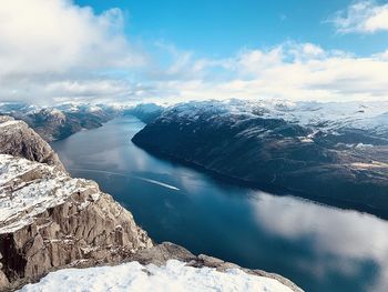 Scenic view of snowcapped mountains against sky