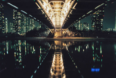 Illuminated bridge over river in city at night