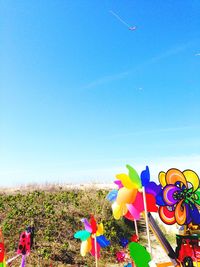 Multi colored flowers against clear blue sky