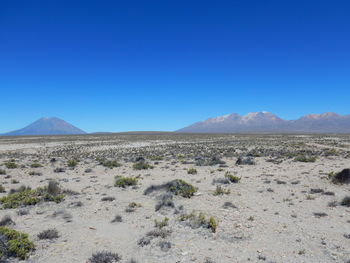 Scenic view of desert against clear blue sky