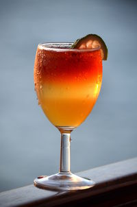 Close-up of beer glass on table