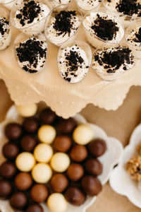 High angle view of dessert on table