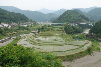 High angle view of landscape against mountains