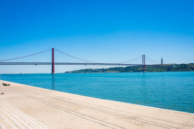 View of suspension bridge against clear blue sky