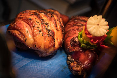 Close-up of meat on barbecue grill