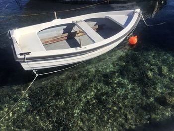 High angle view of boats moored in sea