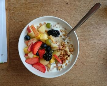 Close-up of breakfast in bowl on wooden table