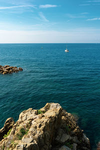 Scenic view of sea against blue sky