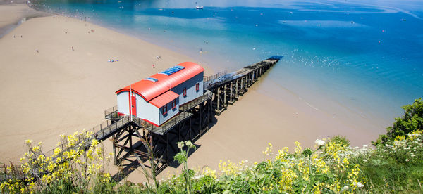 High angle view of ship on sea shore