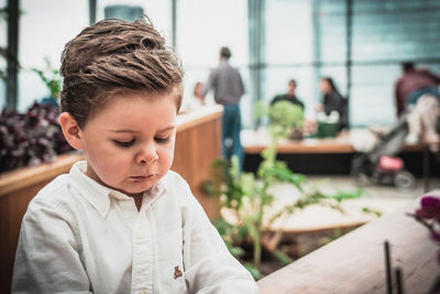 Close-up of cute boy crying while sitting indoors