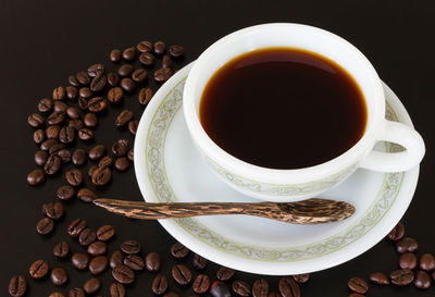 High angle view of coffee cup on table