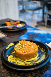 High angle view of dessert in plate on table