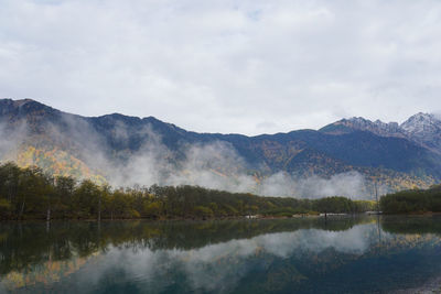 Scenic view of lake by mountains against sky