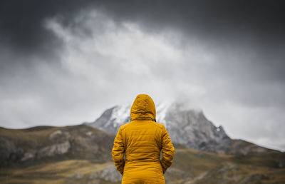 Rear view of person on yellow mountain against sky