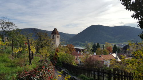 Scenic view of trees and houses against sky