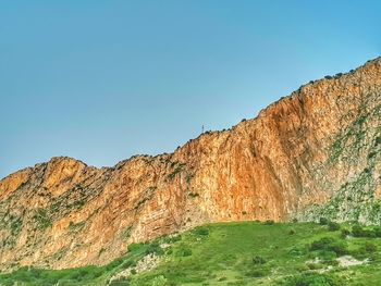 Scenic view of mountains against clear blue sky