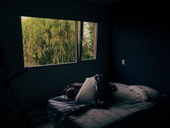 Curtain and cushion on bed at home