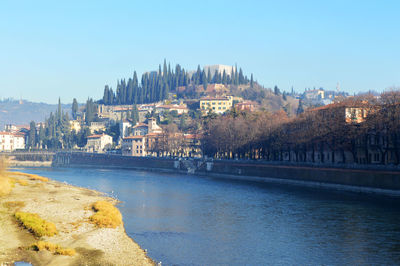 River by cityscape against clear sky