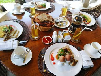 High angle view of breakfast on table