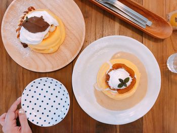 High angle view of dessert served on table