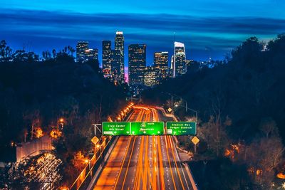 View of city lit up at night