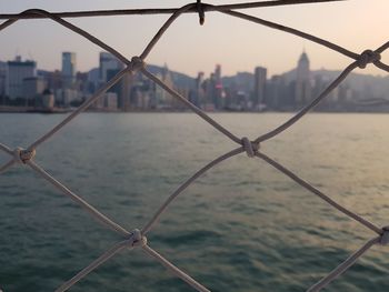Close-up of chainlink fence against buildings in city