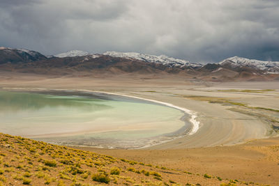 Scenic view of lake by mountains against sky