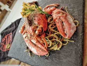 High angle view of meal served on table