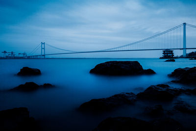 View of suspension bridge over sea