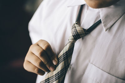 Midsection of man holding necktie