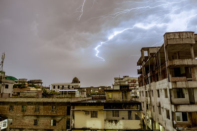 Panoramic view of residential district against storm clouds