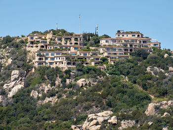 Buildings in city against clear sky