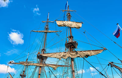 Mast of frigate against blue sky