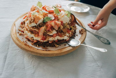 High angle view of dessert served in plate on table