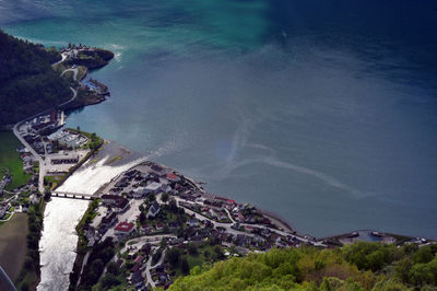 High angle view of buildings and mountain