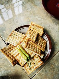 High angle view of breakfast on table