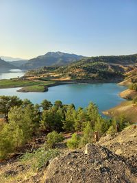 Scenic view of lake and mountains against clear sky